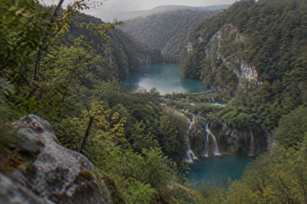 A chain of turquoise lakes stepping through forest, seen from a hillside viewpoint.