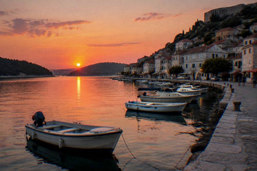 Sunset over a river estuary town with small boats moored along a stone quay.