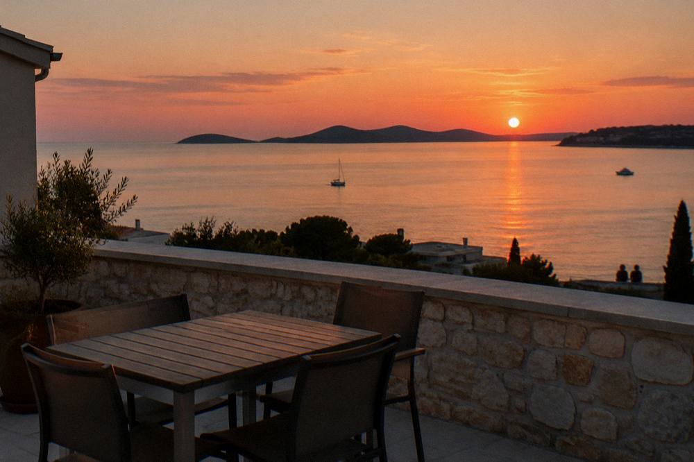 A rooftop terrace with a stone parapet overlooking the Adriatic and distant islands at sunset.