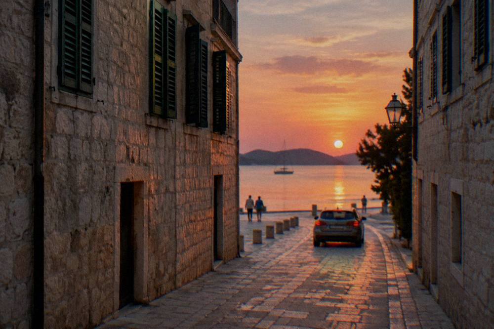 A narrow pale stone street in Zadar's old town with a slow passing car in evening light.