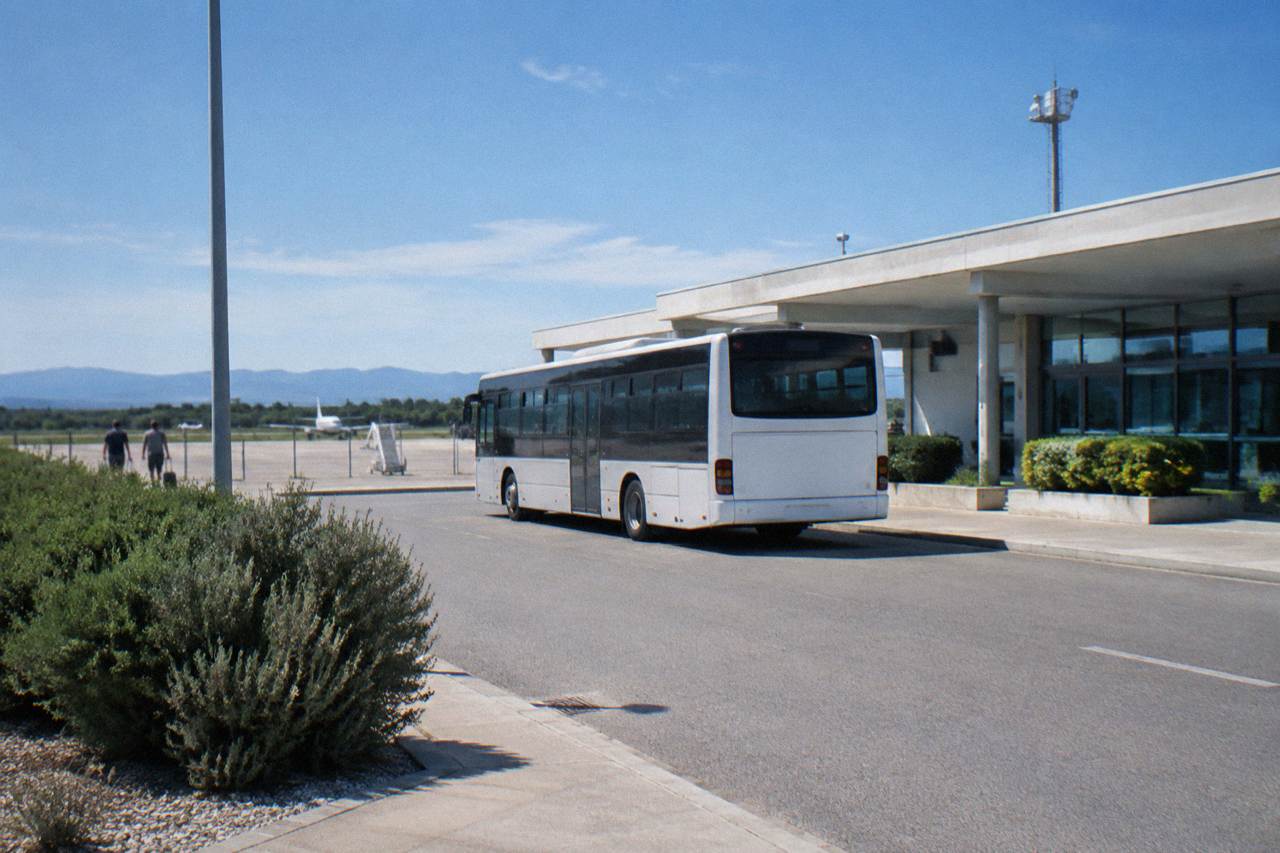 A shuttle bus parked outside a small terminal building under a clear blue sky.