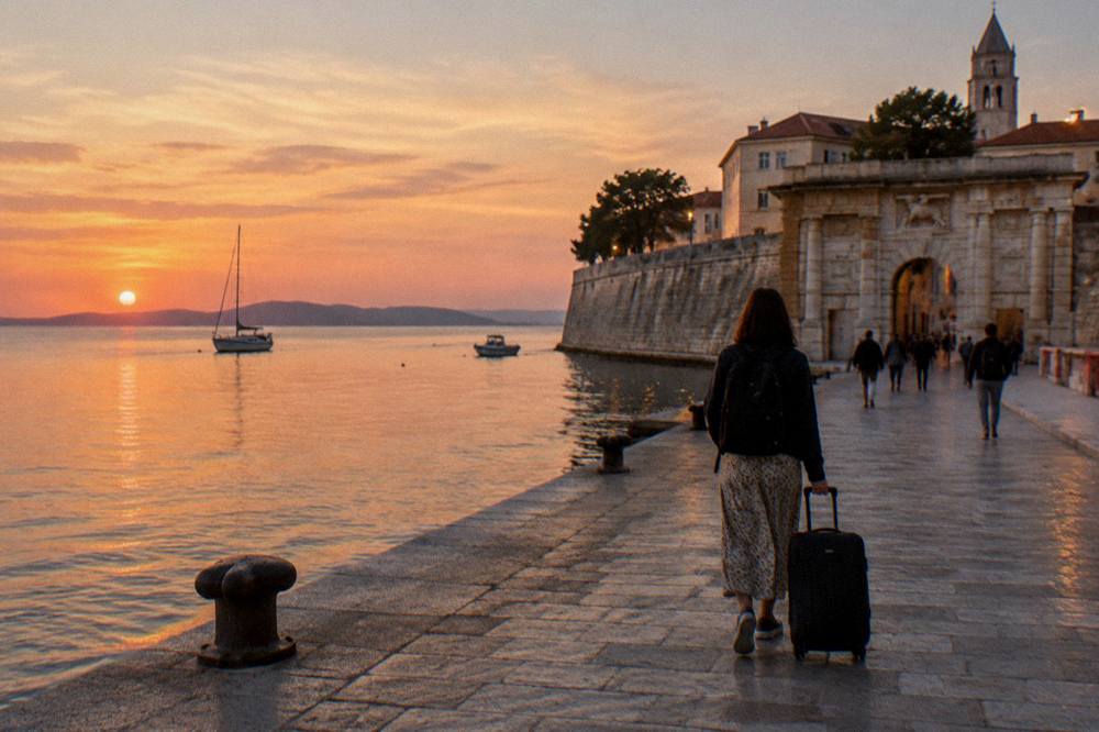 A traveller with a suitcase seen from behind walking a stone quay toward the old city in evening light.