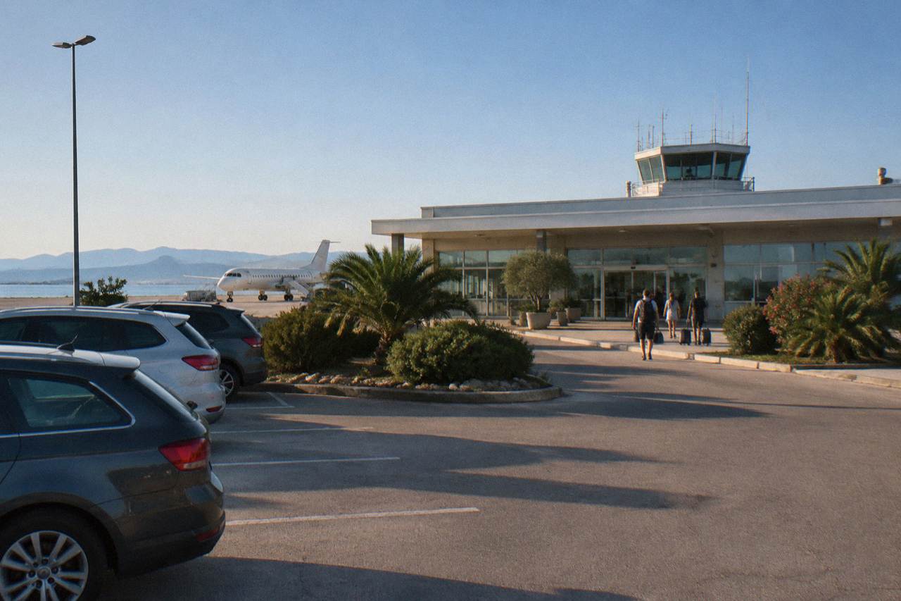A small airport terminal building under a clear blue sky with a car park in front.