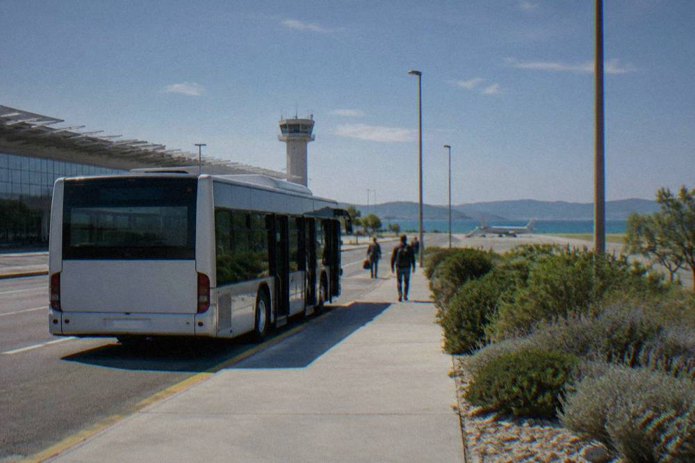 A shuttle bus waiting at an airport kerbside in clear light.