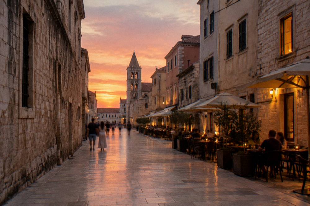 An evening street in Zadar old town with cafe tables and warm window light.