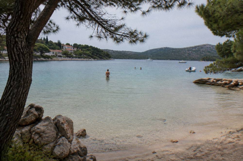White sand shallows of a lagoon beach on Dugi Otok framed by pines.