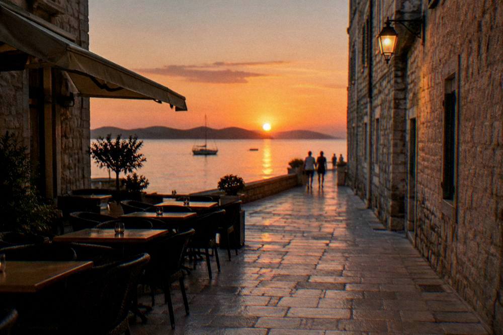 Evening light on a narrow stone street in Zadar Old Town with a cafe terrace.