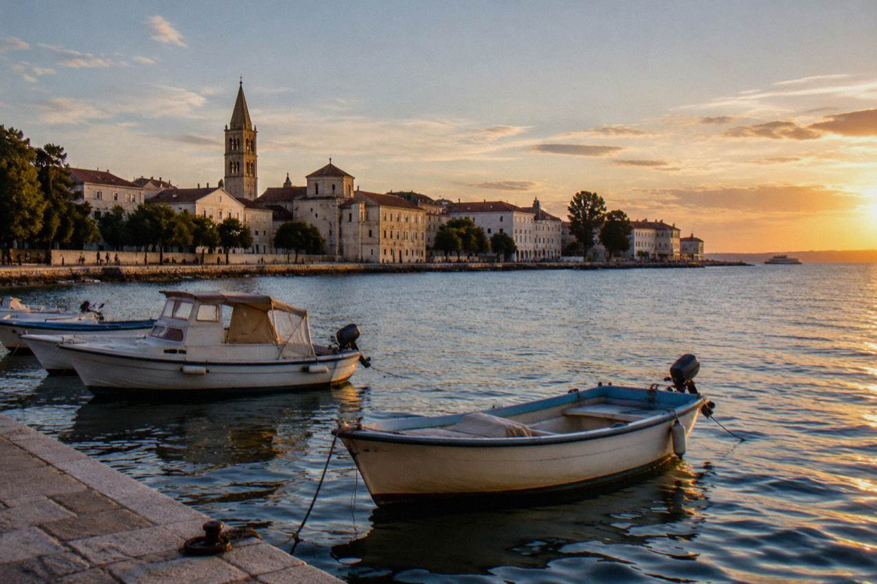 The Zadar peninsula seen across the harbour with small boats in the foreground.