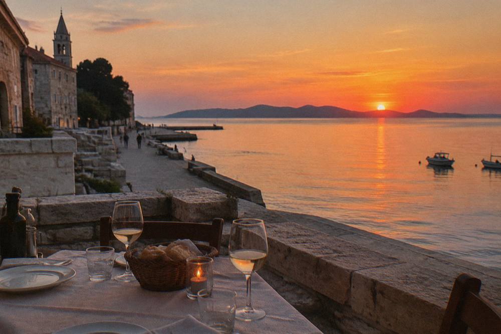 A dinner table with wine glasses on a stone terrace above the sea at dusk.