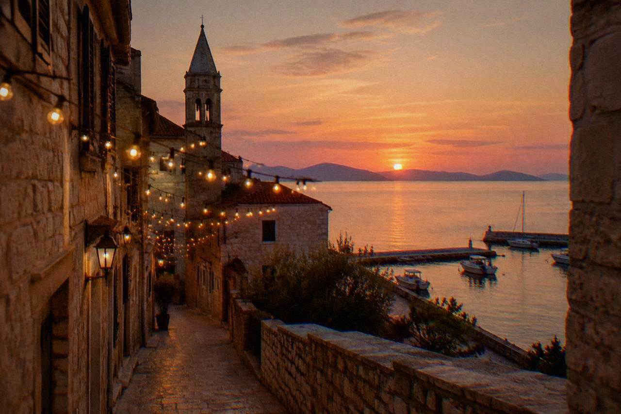 Festive lights strung over a narrow stone street in Zadar Old Town at dusk.