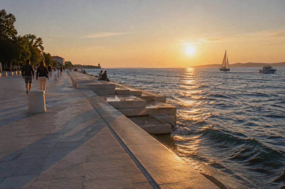 The waterfront promenade of Zadar at golden hour with long shadows.