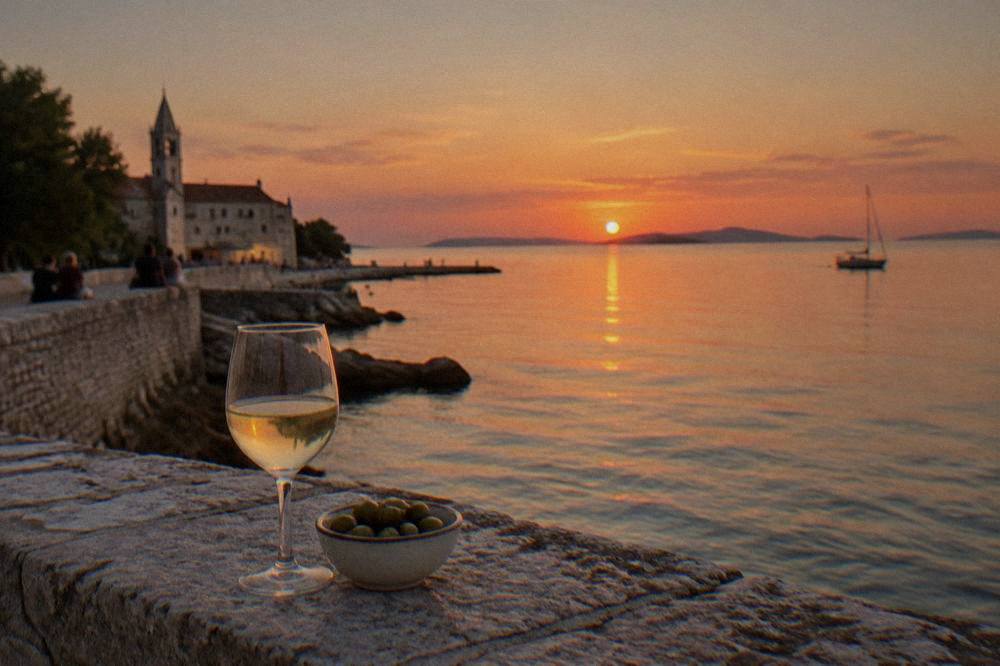 A glass of white wine and olives on a stone wall above the calm Adriatic at Zadar.