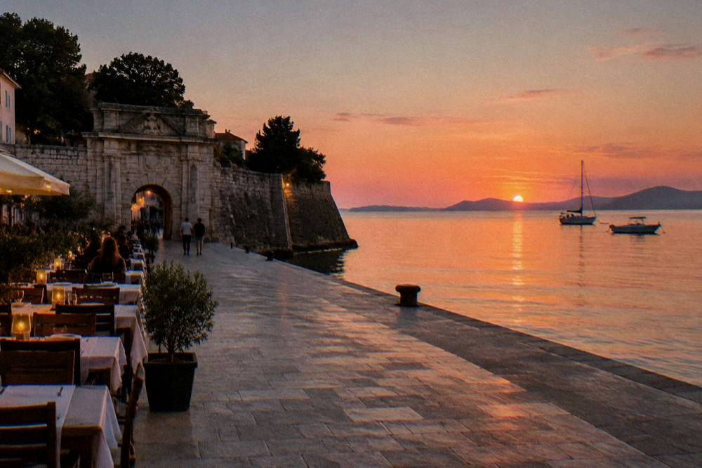 Dusk along Zadar's stone waterfront with lit restaurant tables, calm sea and pink sky.