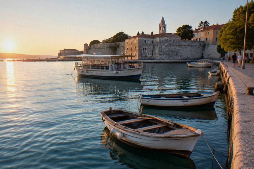 Small boats moored at the stone harbour quay at Foša in Zadar in morning light.