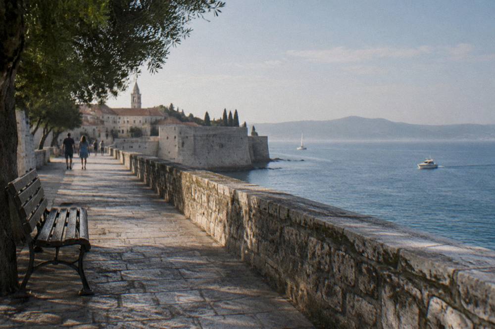 A shaded stone walkway on the city walls above the Adriatic in Zadar.