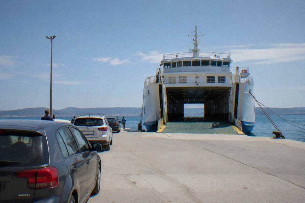 A car ferry at its concrete ramp on the quay at Gaženica port in Zadar.