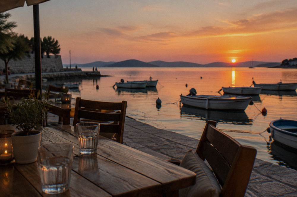 A harbourside cafe terrace with rowboats on calm water at Foša in Zadar.