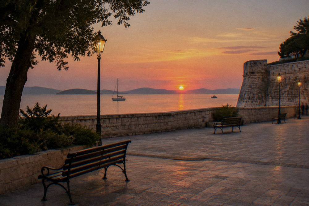 An evening at Five Wells Square in Zadar with lamps, benches and stone walls.