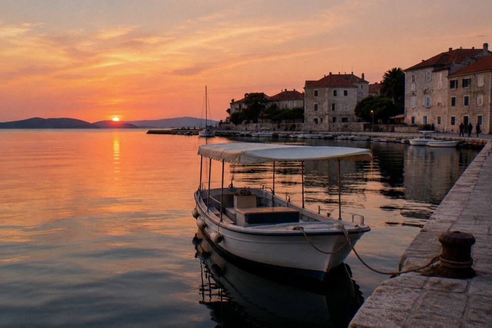 A small boat moored at Foša harbour at dusk in Zadar with golden reflections.