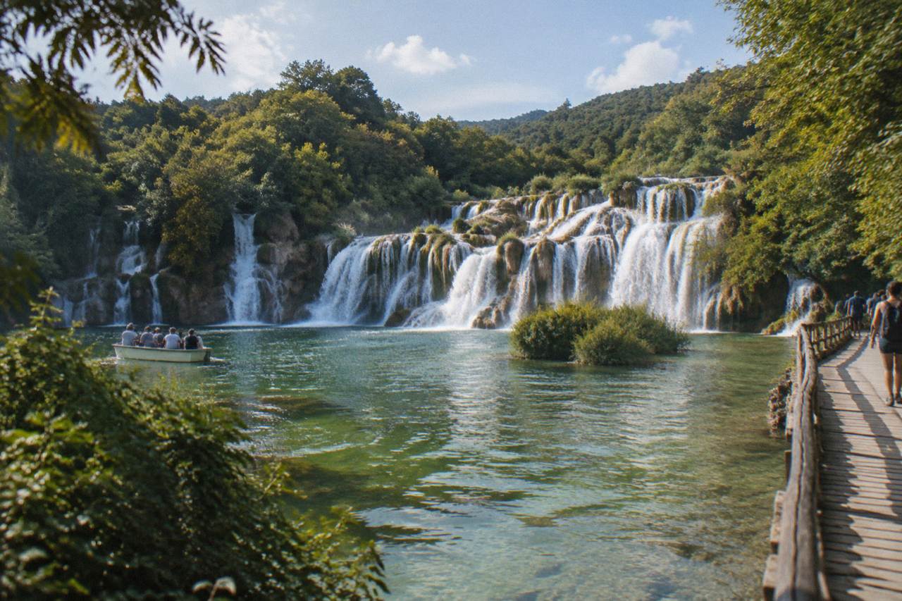Skradinski Buk falls spilling over tufa barriers into green pools in Krka National Park.