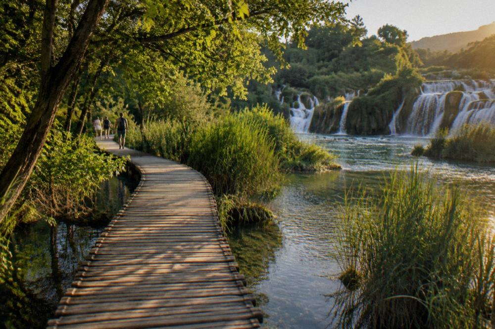 A wooden boardwalk crossing shallow clear water among reeds and small cascades at Krka.