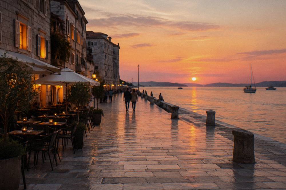 Kalelarga at dusk with warm light on the polished stone pavement in Zadar.
