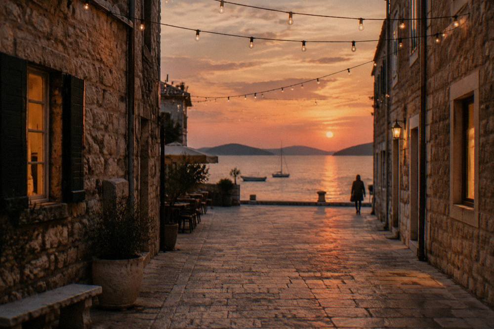 Warm string lights above an empty limestone lane in Zadar on a mild evening.