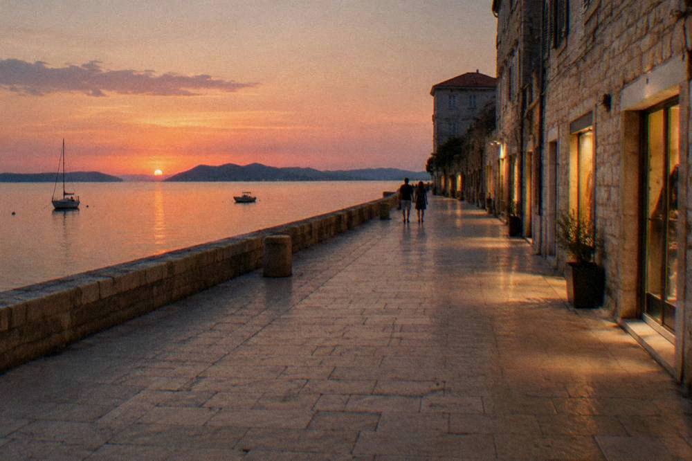 A well-lit limestone street in Zadar late evening with a distant couple walking.