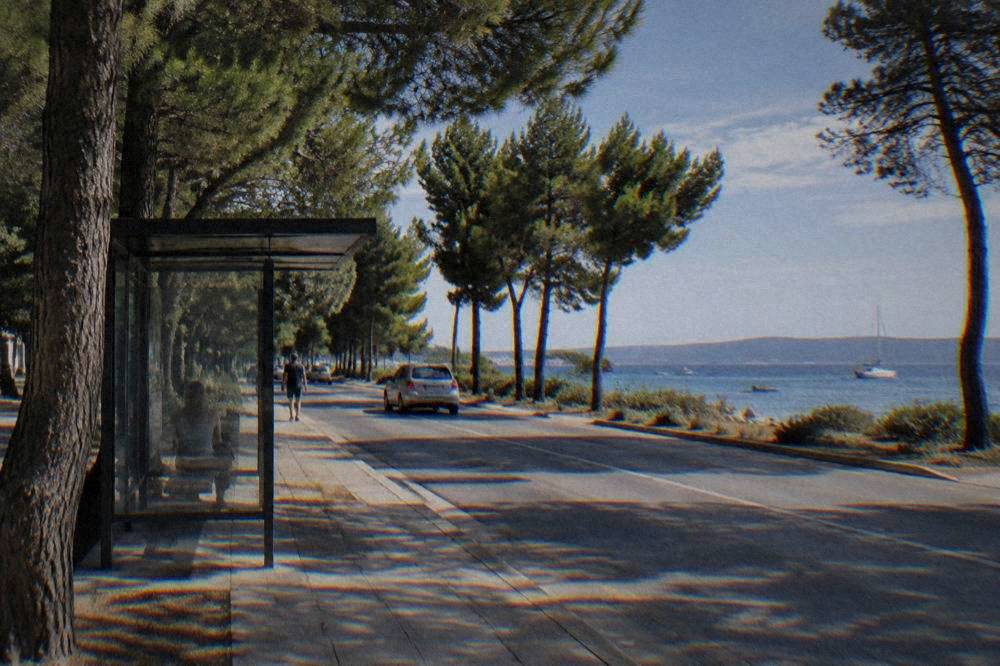 A bus stop shelter among pines near Borik in Zadar on a quiet summer day.