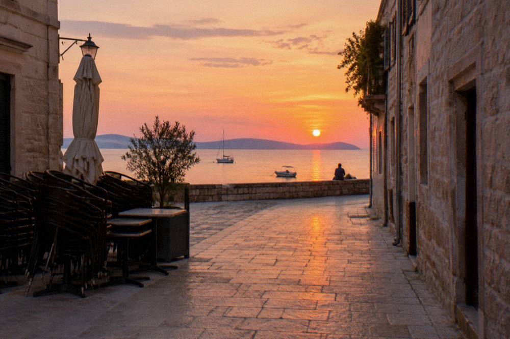 A quiet evening lane in Zadar old town with stacked cafe chairs and tidy paving.