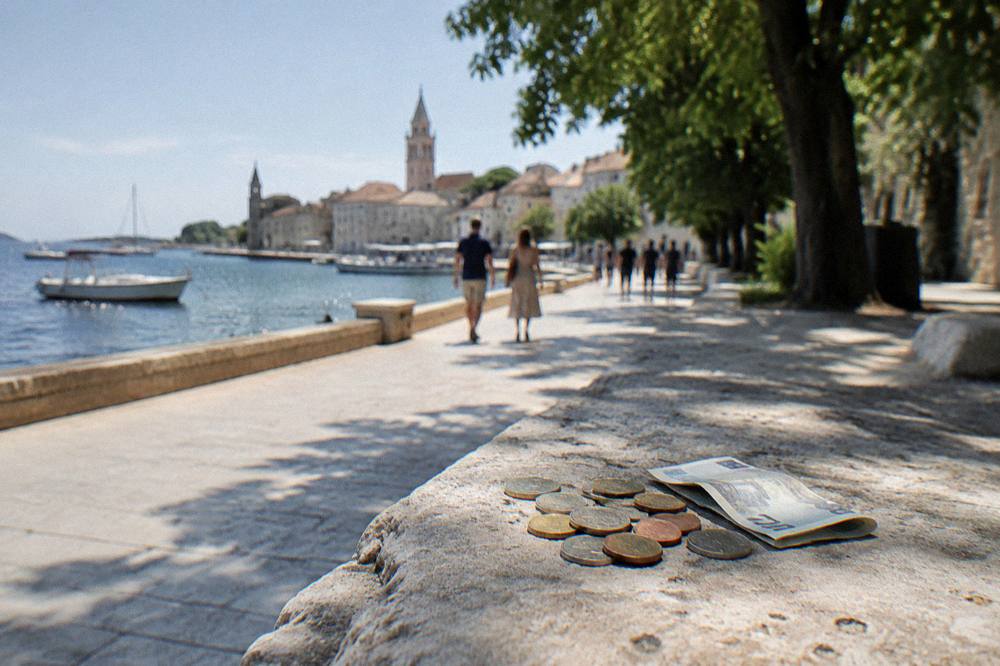 Coins and a folded banknote on a stone ledge on a quiet sunlit street in Zadar.