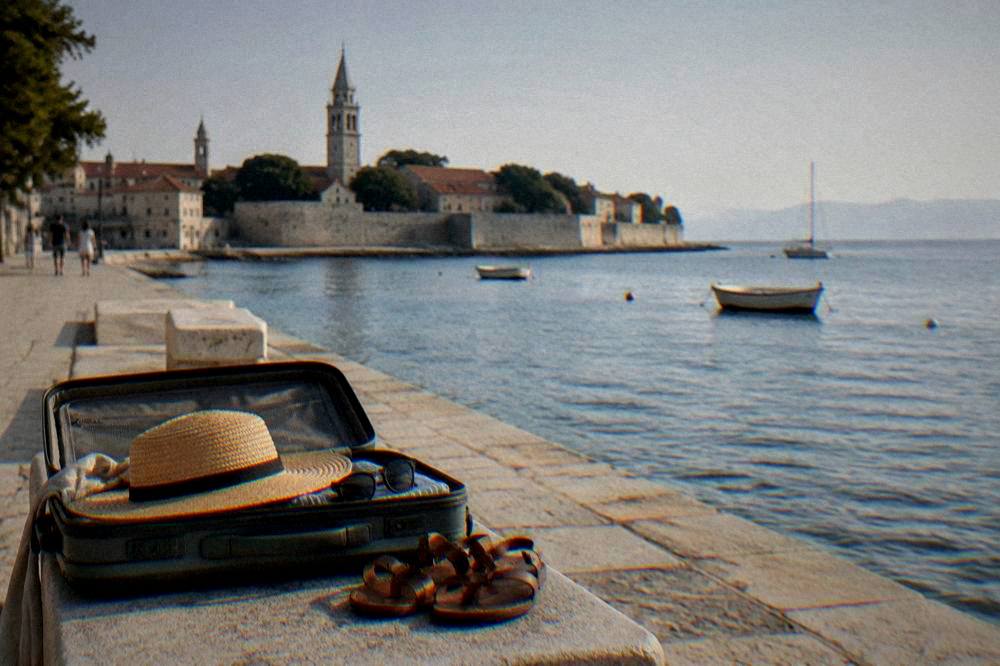 A sun hat, sunglasses and sandals on a stone bench with the Adriatic hazy behind.