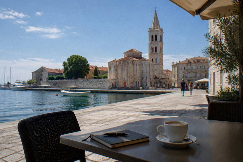 A coffee cup and notebook on a shaded cafe table in Zadar with a church tower behind.
