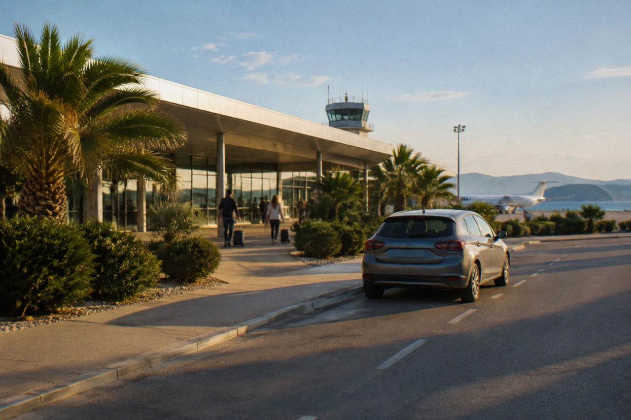 A plain car parked at the kerb outside Zadar airport's low terminal under clear sky.