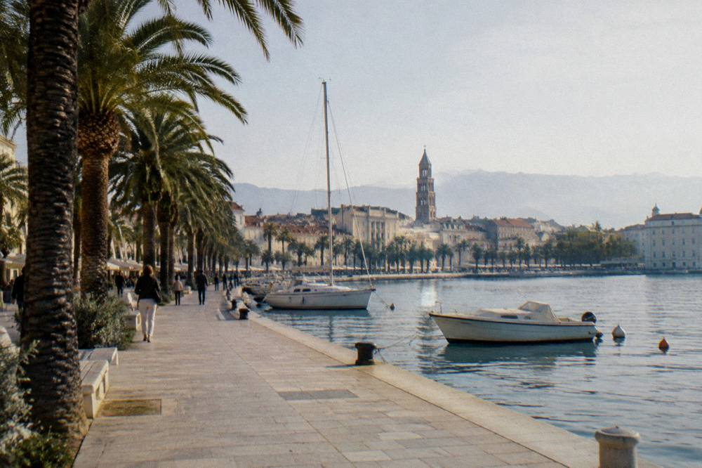 Split Riva waterfront promenade with palm trees and a calm harbour.