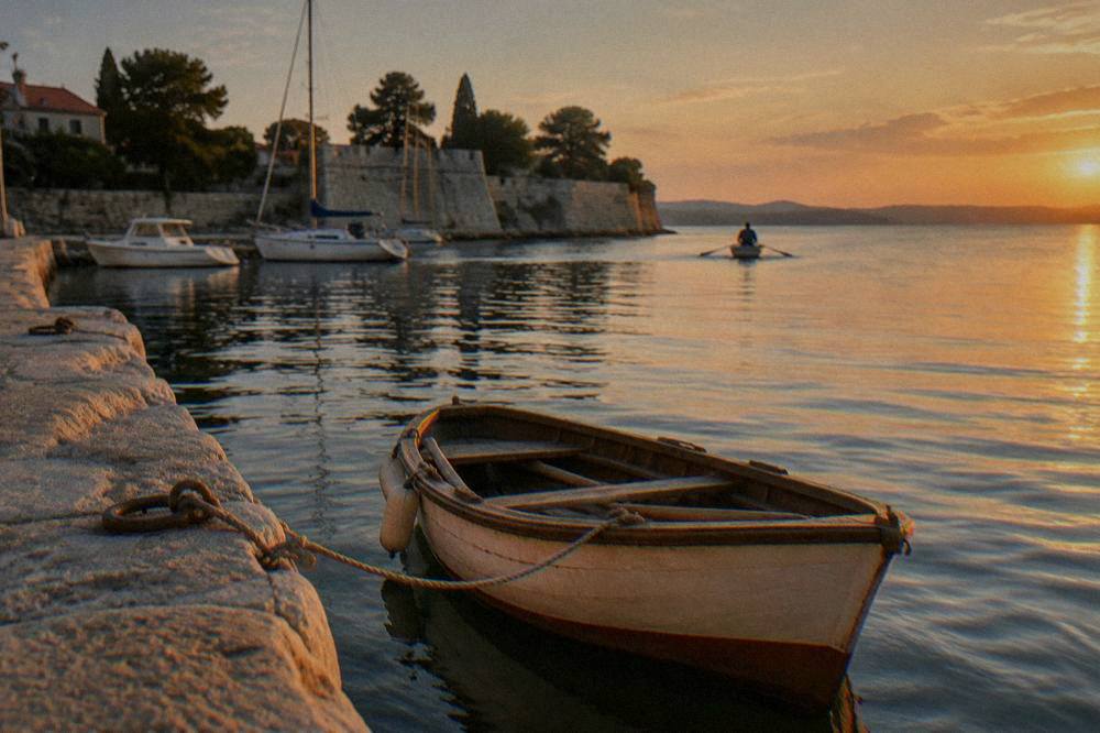 A wooden rowboat at a stone quay in Foša harbour, calm water.