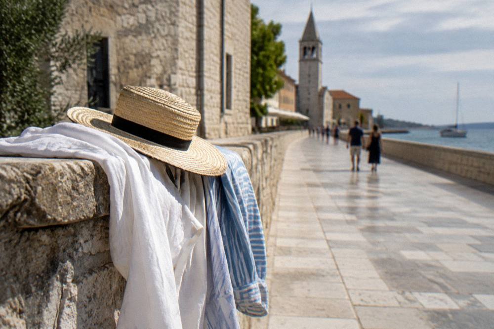 A sun hat and light shirt on a stone ledge with a blurred limestone street behind.