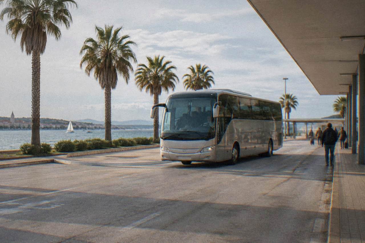 An intercity coach arriving at a bay at Zadar bus station.