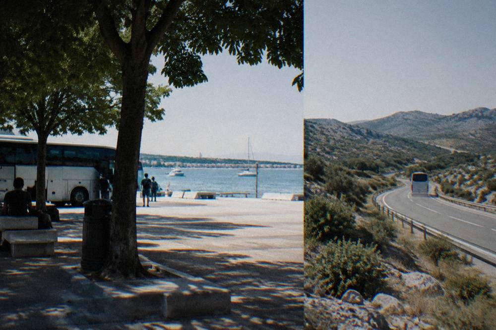 A coach on a highway through karst hills in inland Croatia.