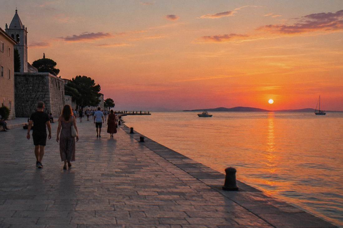 The Zadar waterfront promenade at sunset