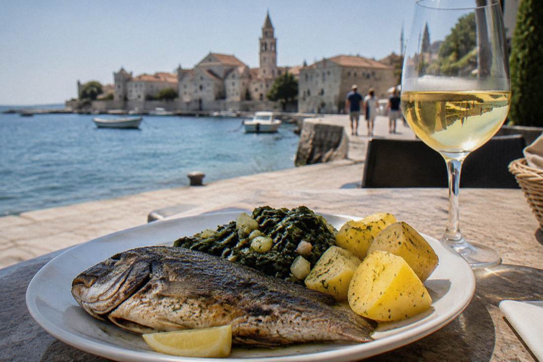 Grilled fish with chard and potatoes and a glass of white wine on a stone table
