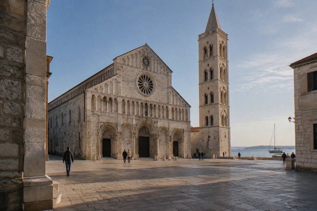 The pale stone cathedral and bell tower in Zadar old town