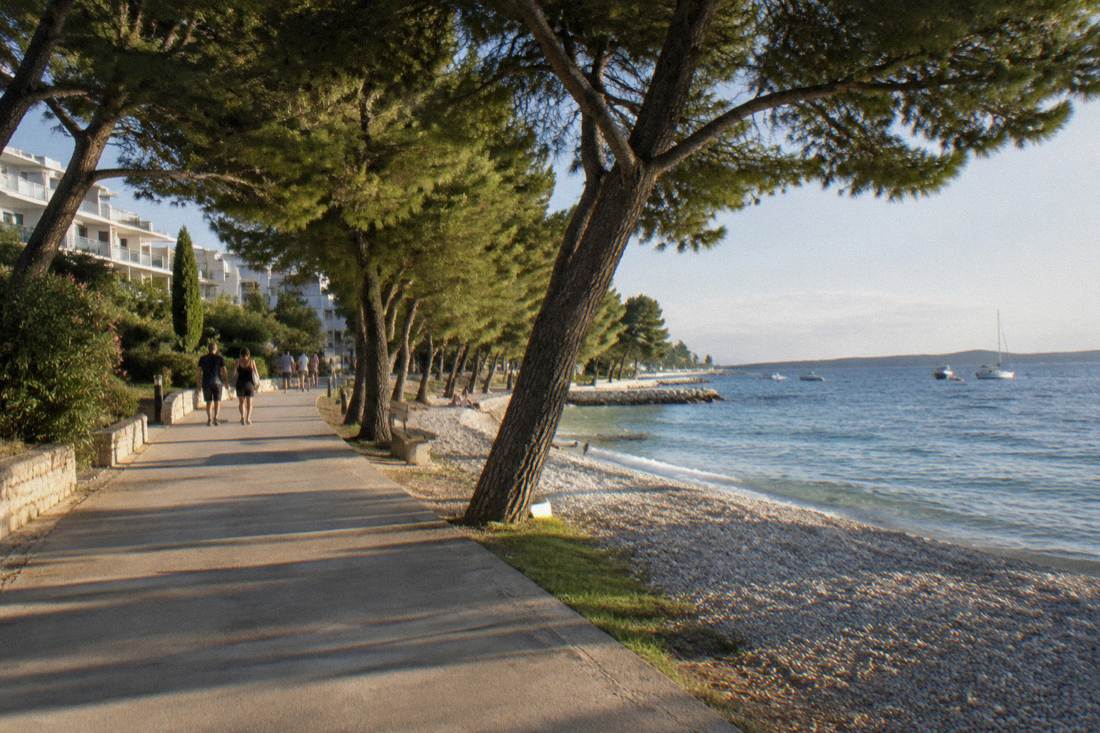 A pine-shaded seafront promenade with low hotels at Borik