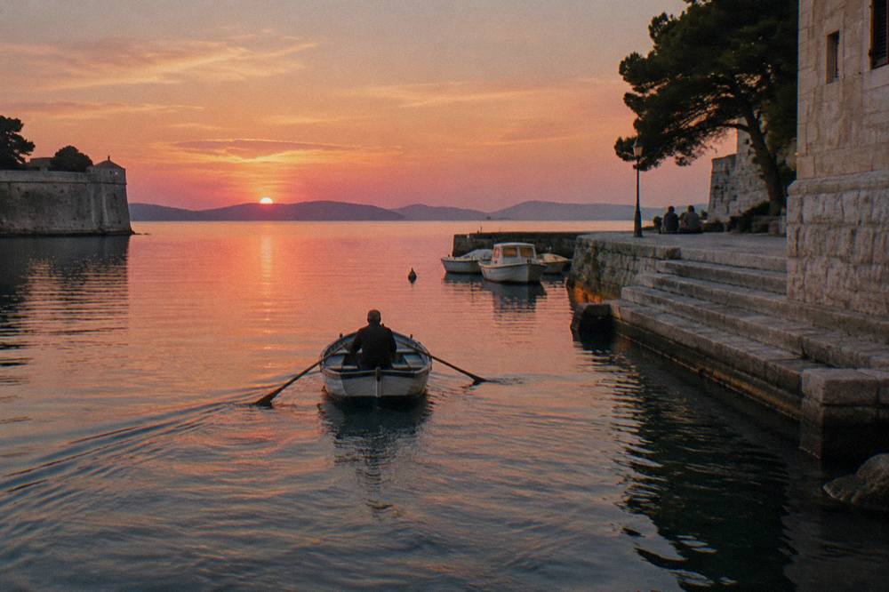 Small wooden rowing boat crossing the old harbour in the evening