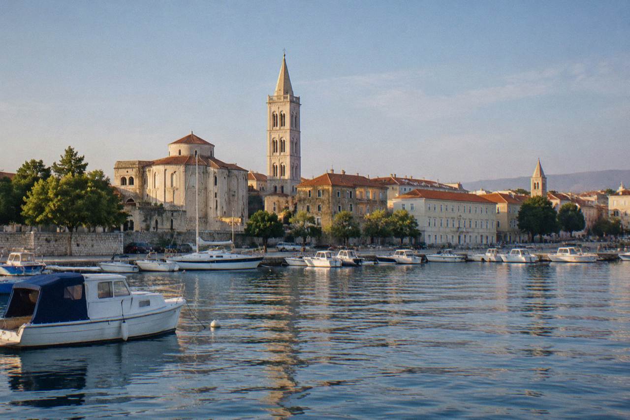 Old Town waterfront with a bell tower seen from the water