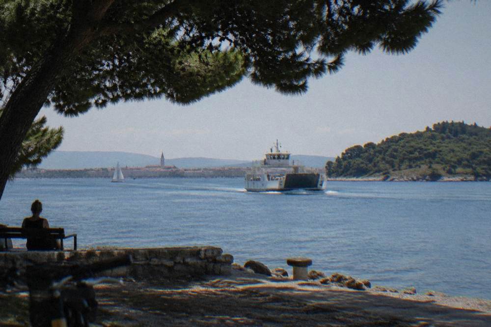 Small ferry crossing a calm channel toward green island hills