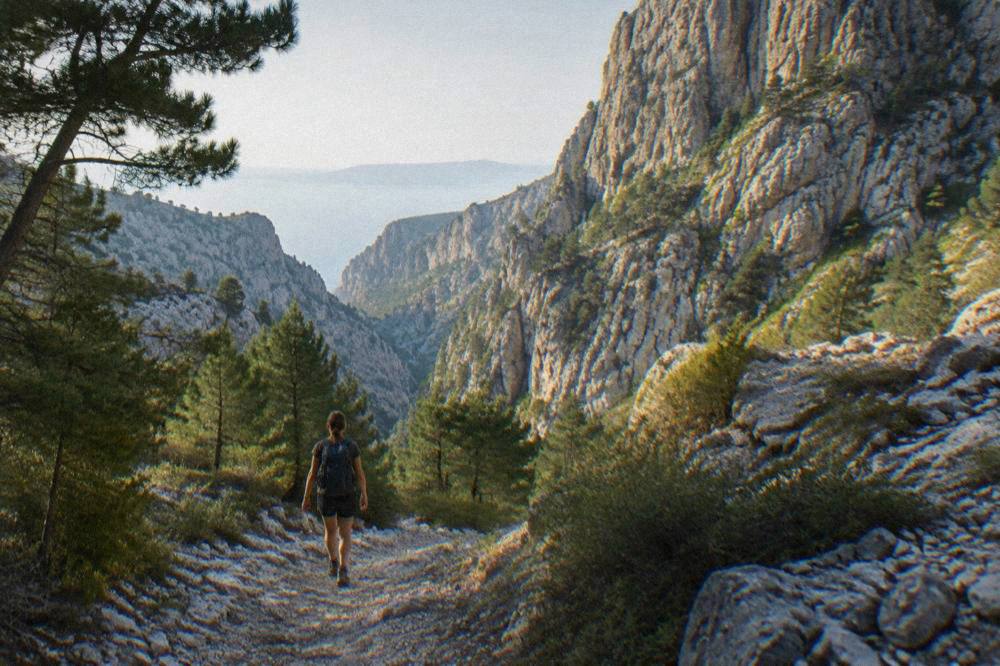 Limestone canyon cliffs with pines and a distant hiker in soft natural light