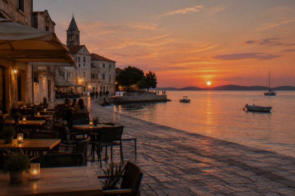Old Town cafe tables on stone paving at dusk with glowing lights
