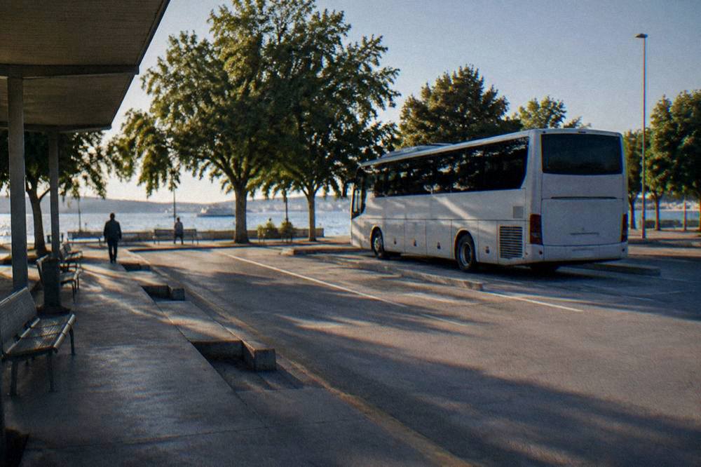 Bus parked at a station bay under trees on a calm morning