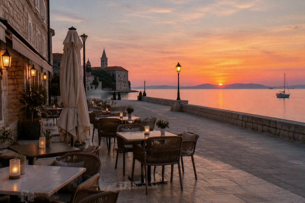 Old Town cafe terrace in the evening with lamp light
